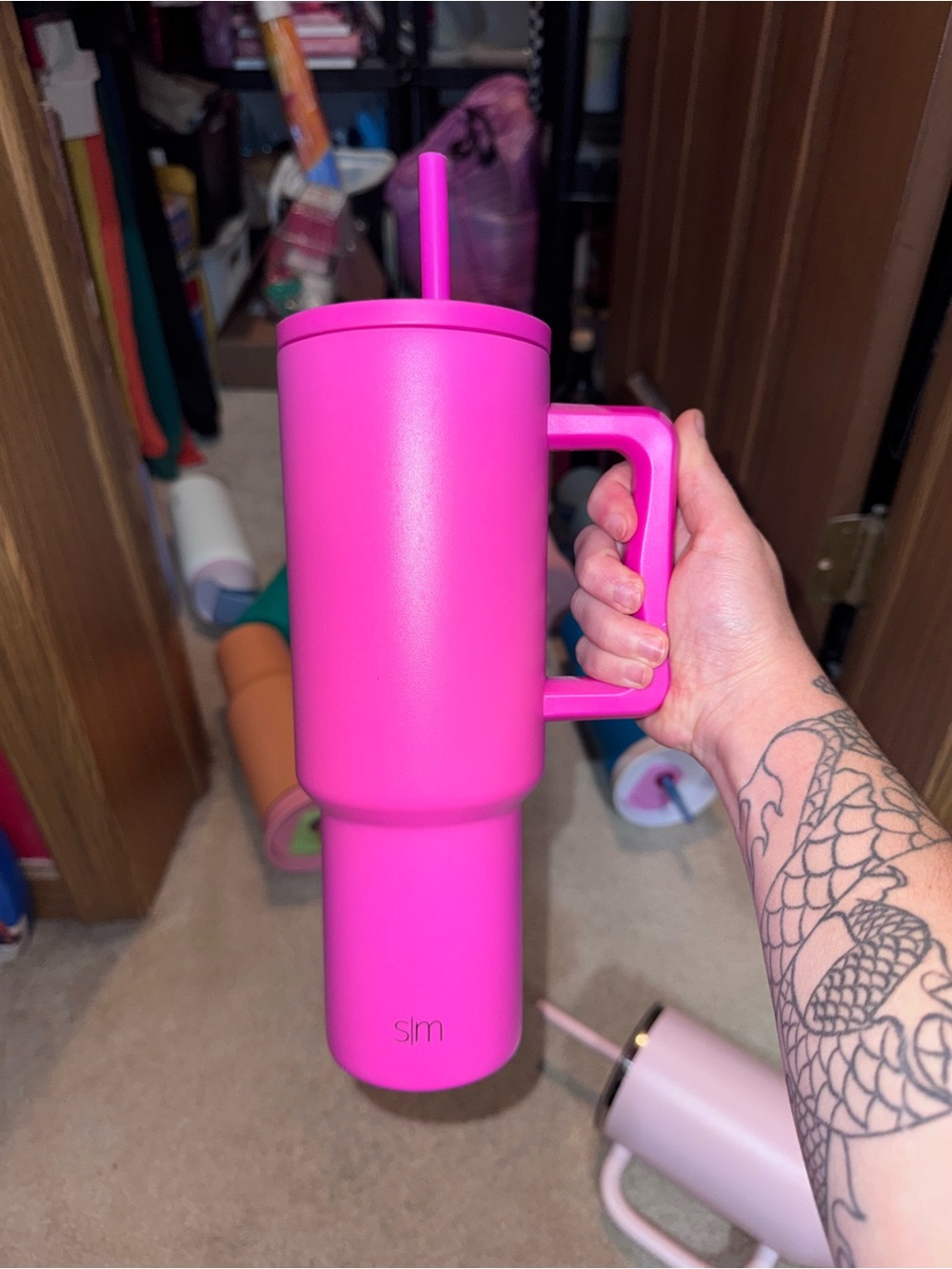 Slim Hot Pink Insulated Tumbler with Handle and Straw